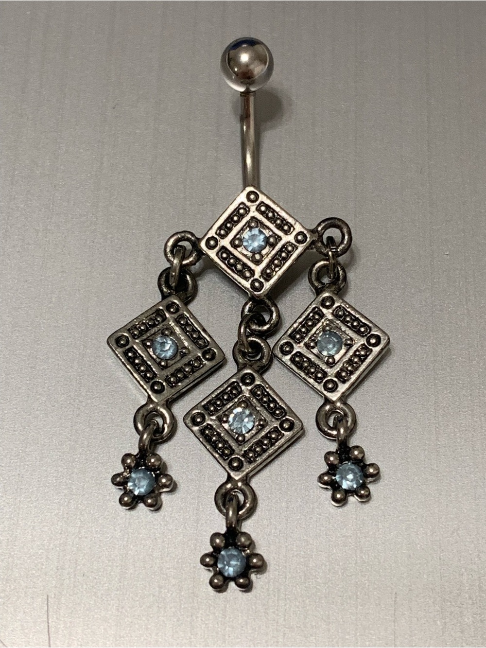 Sterling-Tone Blue Gem Dangle Belly Ring